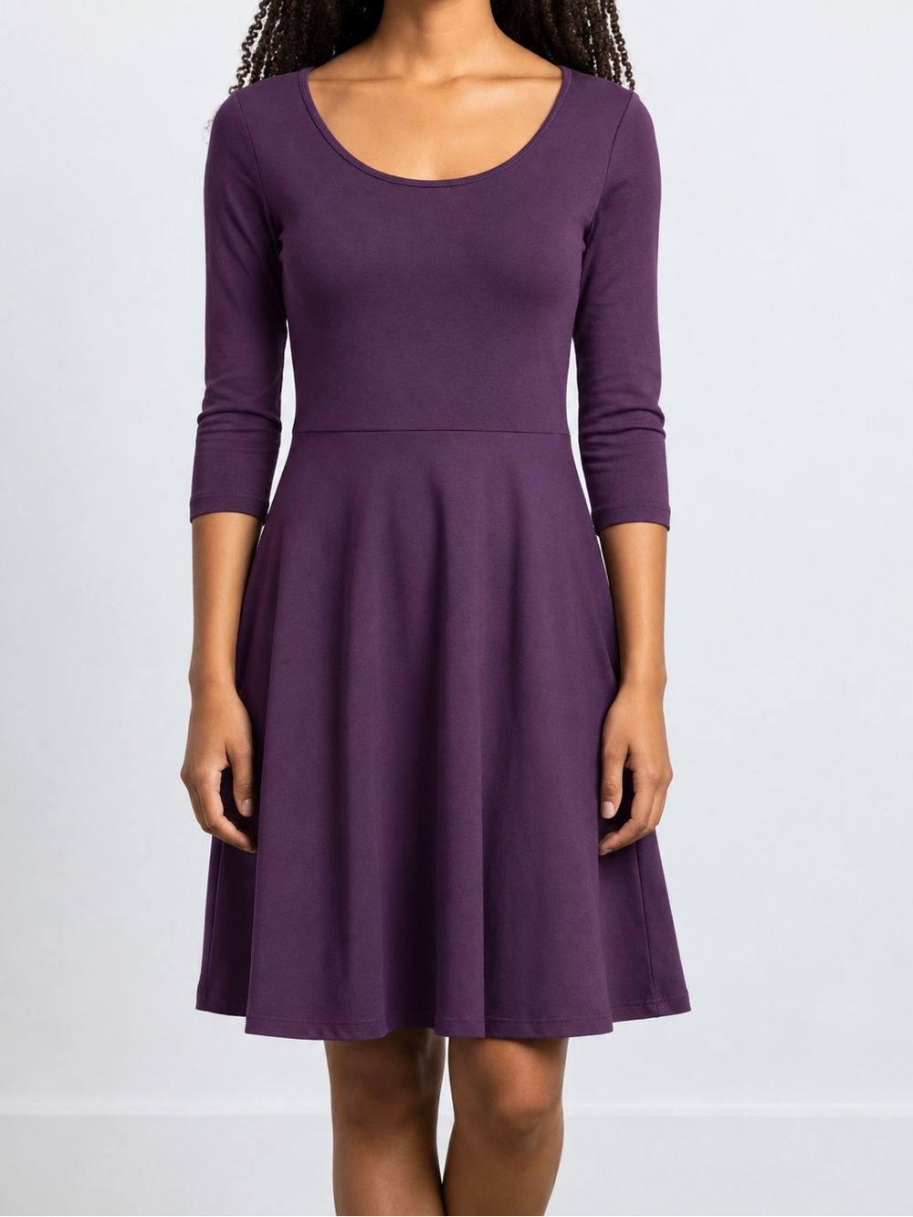 Pact Organic Cotton Fit & Flare Dress XS Plum Purple 3/4 Sleeve Pockets